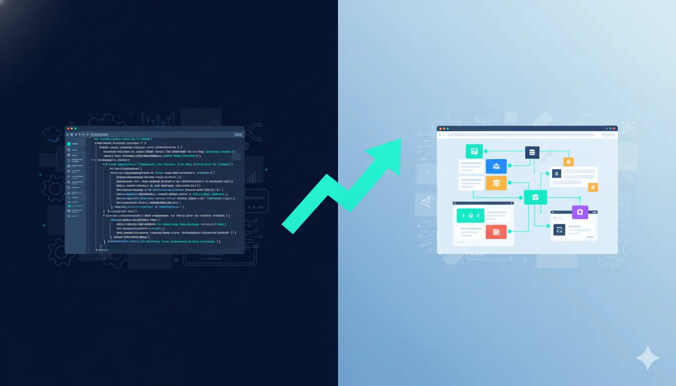 Developer using low-code platform to build internal tools with drag-and-drop interface